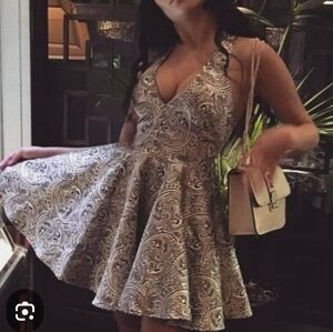 Bebe New Years Party Embroidered Glitter Shimmer Fit Flare Halter Dress GIFT